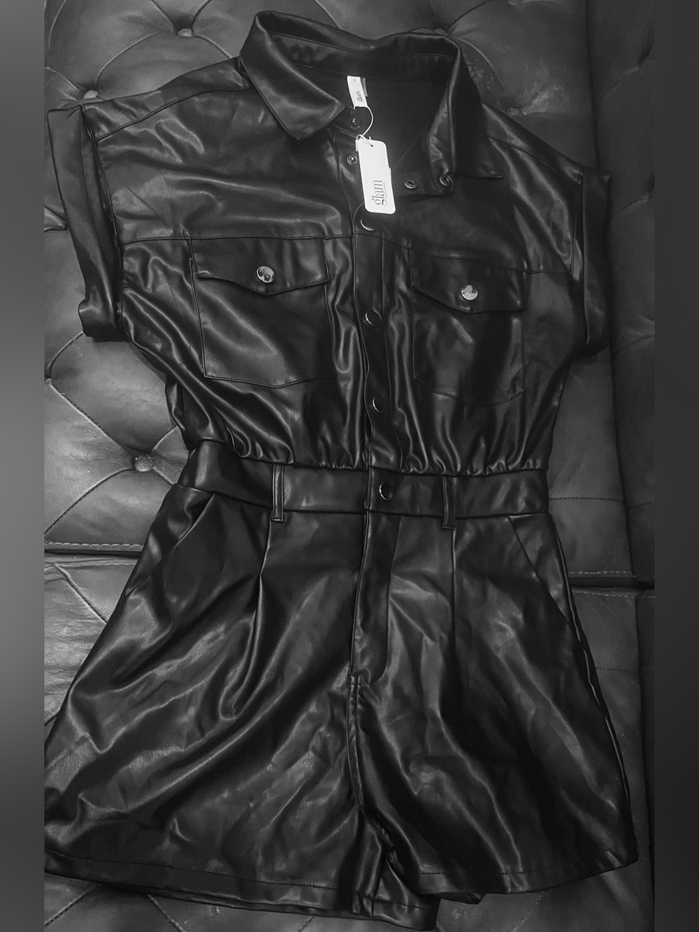 BRAND NEW GLAM Calista Black Faux Leather Romper with Front Pockets Size Small